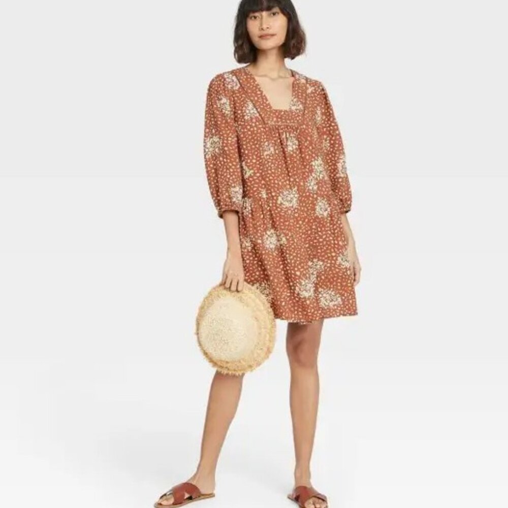 Knox Rose Rust Floral Boho Mini Dress Rayon Linen Blend Shift 3/4 Balloon Sleeve